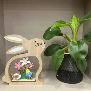 Easter wooden bunny ornament desktop hollow three-dimensional display stand solid wood