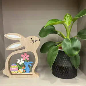 Wooden Easter Bunny Decoration Desktop Hollow Rabbit Figurine Spring Holiday Home Decor