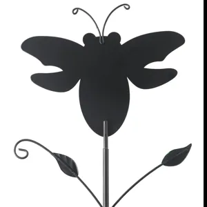 Metal bee insect garden stake detail, black silhouette lawn ornament decor for yard outdoor.
