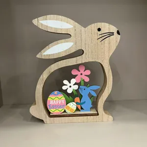 Wooden Easter bunny rabbit ornament tabletop hollow display stand holiday craft decoration
