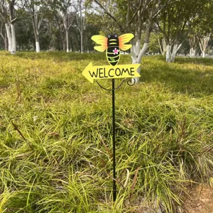 Metal bee garden stake with welcome sign for yard decoration and outdoor lawn ornament