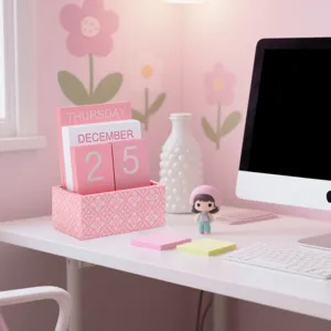 Wooden desk calendar set, pink wooden block calendar for home office and desktop decoration.
