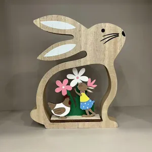 Wooden Easter rabbit hollow decorative ornament detail, cute spring desktop display craft.