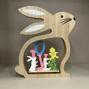 Easter wooden rabbit ornament desktop hollow decor solid wood craft display festive.