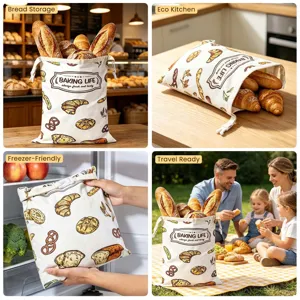 Sacchetto per pane riutilizzabile in cotone e lino con coulisse per conservare alimenti in cucina.