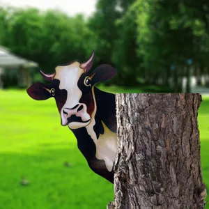 Metal cow peeking tree stake outdoor garden fence decoration iron art anti rust ornament