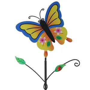 Colorful metal butterfly garden stake detail with cute ladybug and floral pattern for outdoor decor.