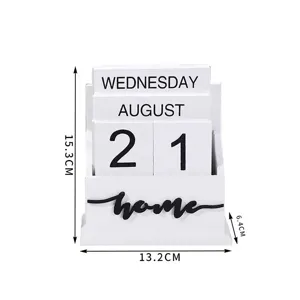 Calendario de escritorio perpetuo de madera moderno minimalista con bloques de fecha y home.