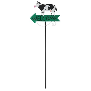 Metal cow garden stake with welcome sign lawn decoration for outdoor yard and park landscaping.