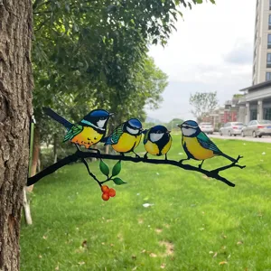Metal colorful birds tree branch garden ornament for outdoor yard fence decor item.