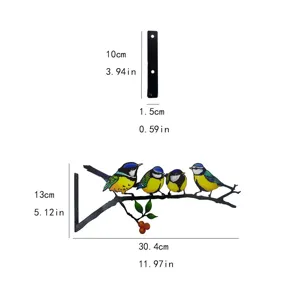Metal bird branch wall bracket detail view showing exact dimensions and iron art structure.