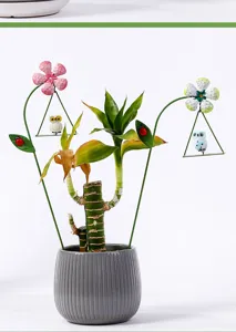 Potted lucky bamboo plant with decorative metal flower stakes and cute resin owl swing decor.