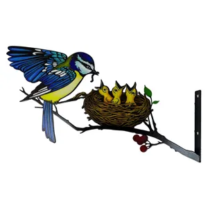 Metal blue tit bird feeding chicks wall bracket iron art garden fence tree decor ornament