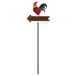 Metal rooster garden stake yard decoration outdoor lawn flower plug with welcome sign detail view