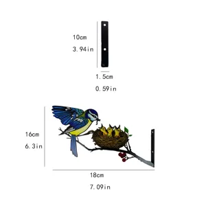 Metal bird wall bracket garden fence tree decor dimension details showing height and width.
