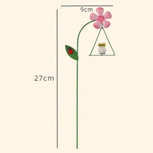 Metal garden stake detail showing owl swing and flower design with dimension specs 9x27cm.