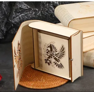 Creative wooden jewelry storage box, hollow carved book shape desktop ornament detail view.