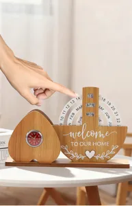 Creative wooden perpetual calendar with clock, rotating date dials and home decor ornament.