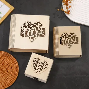 Wooden storage box set, hollowed heart design with love text, desktop decorative gift box.
