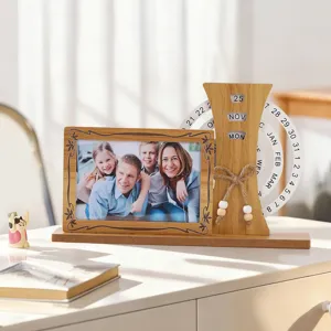 Wooden perpetual calendar photo frame desktop vintage wooden block calendar home office decor