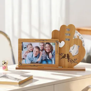 Wooden perpetual calendar photo frame desktop decoration home office decor gift display stand.