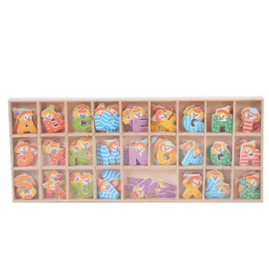 Set di lettere alfabeto in legno in scatola, giocattolo educativo per bambini ABC.