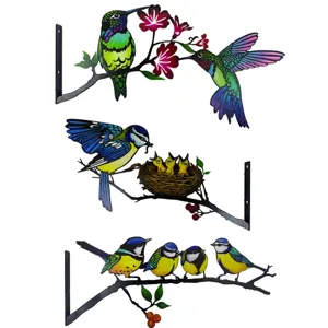 Metal hummingbird bird wall art decor outdoor garden fence tree hanging ornament set for home.