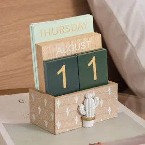 Calendario de escritorio perpetuo de madera vintage con diseño de cactus lindo para el hogar.