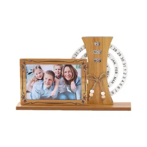 Wooden photo frame with perpetual calendar desktop decoration for home office display stand.