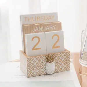 Calendario perpetuo de madera retro adorno de escritorio con piña para accesorios de fotos de casa