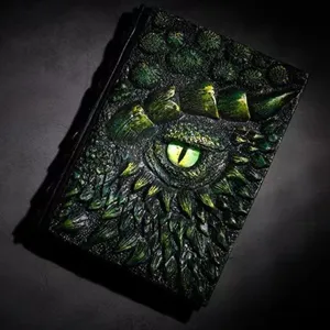 Resin dragon eye notebook detail shot, vintage 3D embossed diary cover with mystical green monster scales texture.