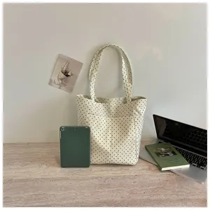 Korean style polka dot canvas tote bag, casual commuter handbag for everyday use.