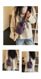 Detail view of the purple drawstring phone sling bag showing multi-angle wear and adjustable strap design.