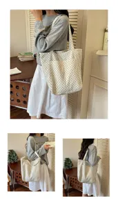 Korean style polka dot canvas tote bag, casual daily shoulder bag detail perspective.