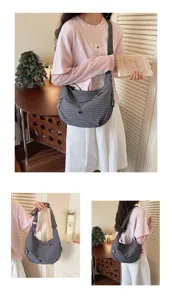 2026 new nylon waterproof dumpling crossbody bag, plaid pattern, stylish commute shoulder bag.