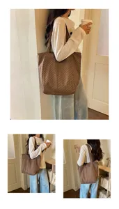 Korean style polka dot canvas tote bag detailed view showing model wearing casual shoulder bag