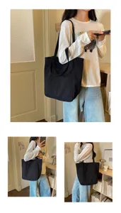 Casual black polka dot canvas shoulder bag detail view in daily lifestyle interior scene.