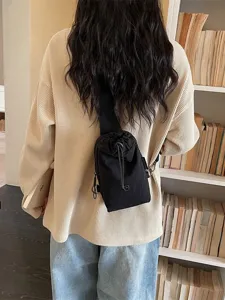 Black drawstring crossbody sling bag casual daily shoulder phone bag for women outdoor use