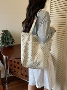Korean Style Casual Polka Dot Canvas Tote Bag Large Capacity Commuting Shoulder Underarm Handbag For Women Daily Travel