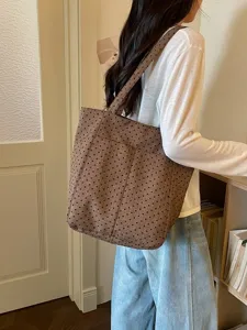 Korean style polka dot canvas tote bag, casual shoulder handbag for women commuting and daily use.