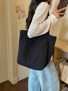 Korean style casual polka dot canvas tote bag, large capacity shoulder handbag for women.