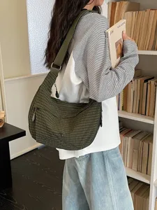Olive green plaid nylon hobo crossbody bag casual chic dumpling shoulder bag for women.