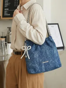 Γυναικείο Τζιν Bucket Bag Fashion Casual Τσάντα Χιαστί Ώμου Με Λουράκι Αλυσίδα Και Φιόγκο Μαργαριταρι Kordoni Tsanta