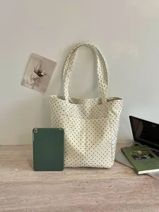 Korean style polka dot canvas tote bag, vintage casual shoulder bag with front pocket for daily commuting.