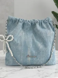 Τσάντα hobo από denim με αλυσίδα και φιόγκο πέρλας, κομψή casual τσάντα ώμου.