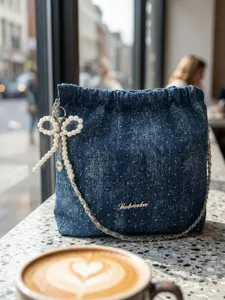 Τsάντα κάδος denim για γυναίκες με χαριτωμένο κρεμαστό φιόγκο πέρλας και αλυσίδα