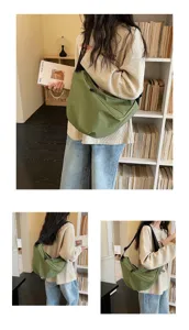 Detailed view of green checkered nylon crossbody dumpling bag, casual commuter style with strap.