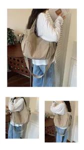 Casual nylon shoulder bag detail view showing multi-pocket design and adjustable strap.