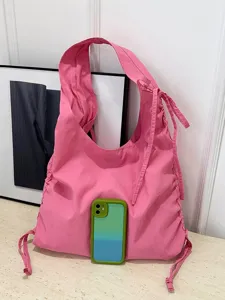 Bolso de hombro informal rosa para mujer, bolso hobo de gran capacidad con cordones laterales.