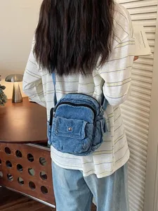 Sac Bandoulière en Denim de Niche Coréenne Femme Mode Casual Vintage Petit Sac Carré Polyvalent Sac de Téléphone pour Trajet